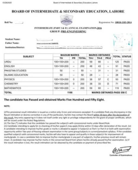 BISE LAHORE-Certificate